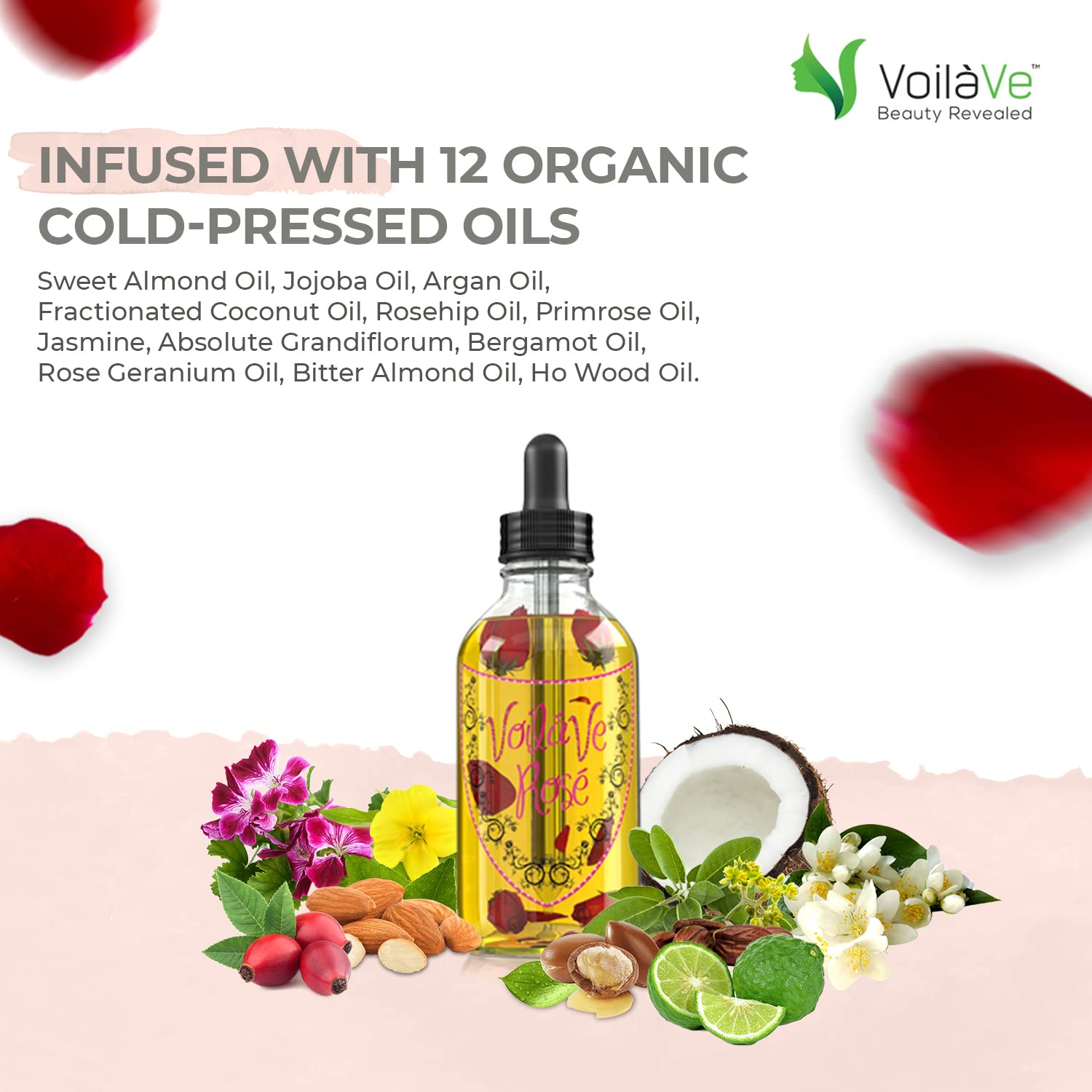 VoilaVe Rose Oil, Blend of Organic and Natural Oils for Face, Hair, and Body, No Artificial Ingredients, Pure and Natural Treatment for Wrinkles, Scars, Sunburn, Acne, and Dry Skin, 4 fl oz.